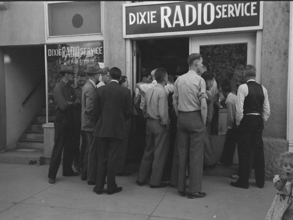 A Crowd Of Men Listening To World Series Game, Saint George, Utah By Russell Lee