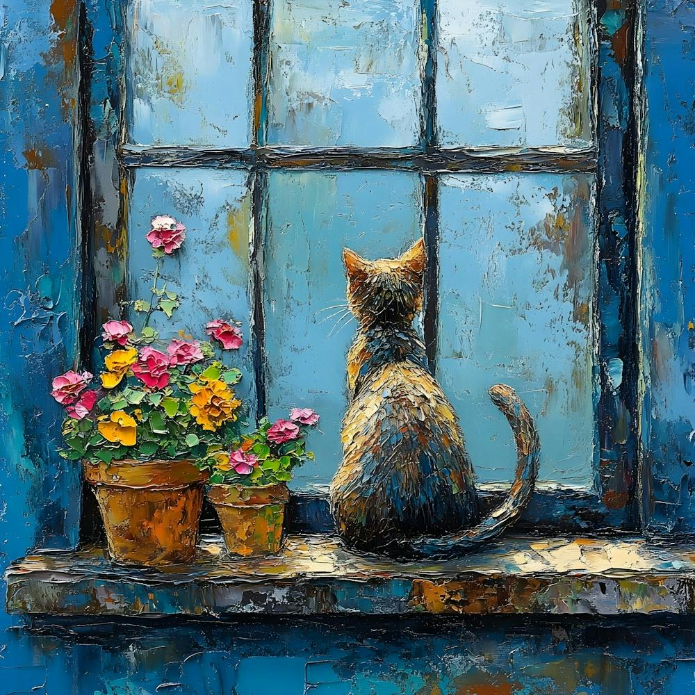Cat In Window With Flowers 11