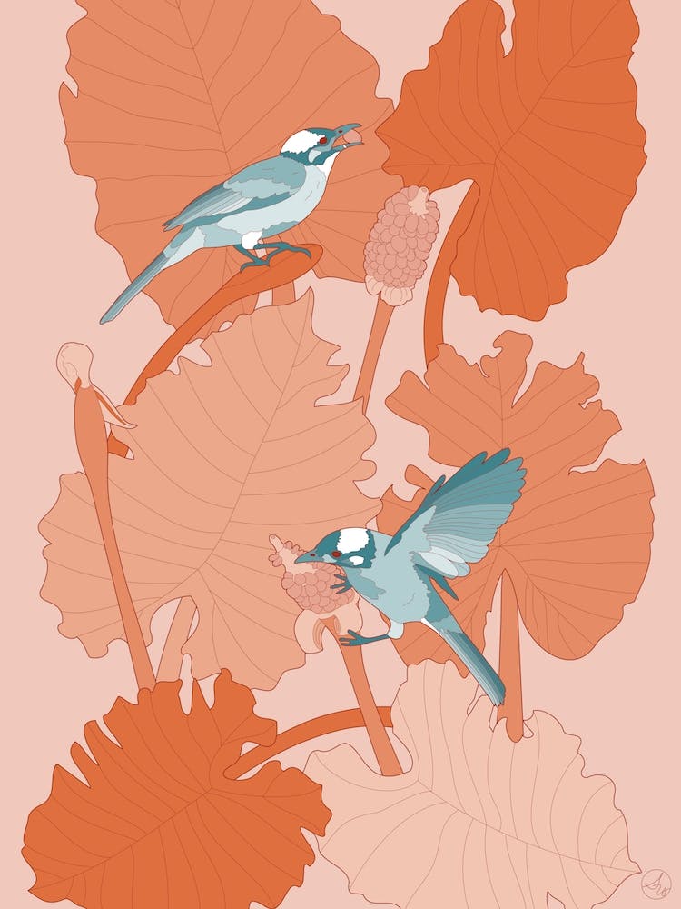 Turquoise Birds With Orange Leaves