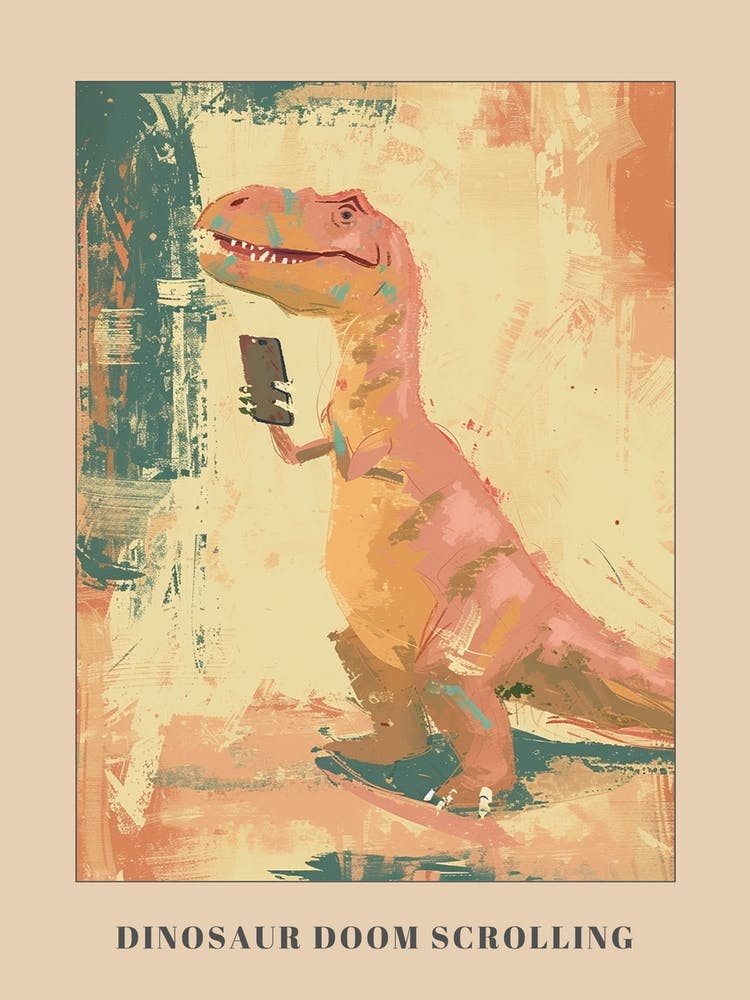 Muted Pastels Dinosaur On A Mobile Phone 2 Poster
