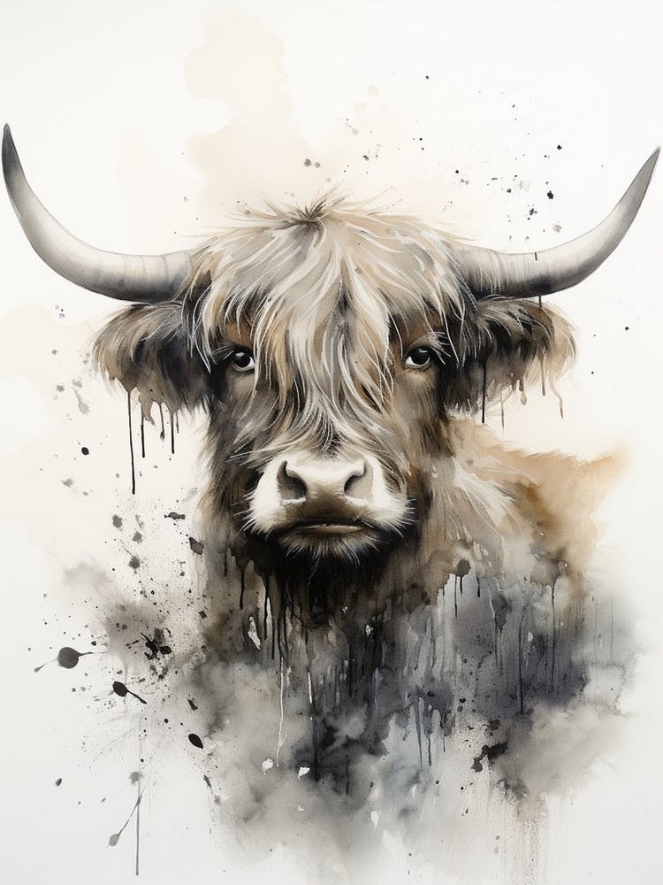 Black & White Watercolour Illustration Of Highland Cow 3