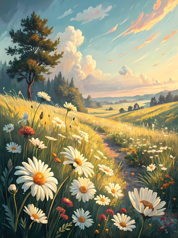 Meadow Full of Blooming Daisies Oil Painting Style