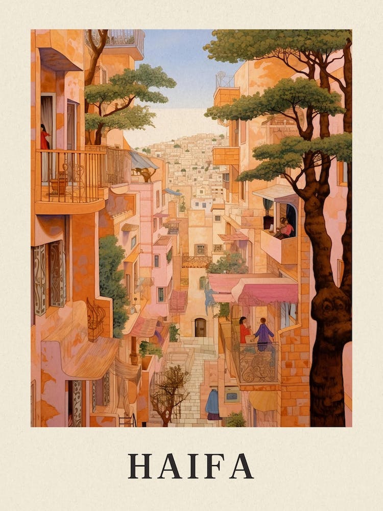 Haifa Israel 2 Vintage Pink Travel Illustration Poster