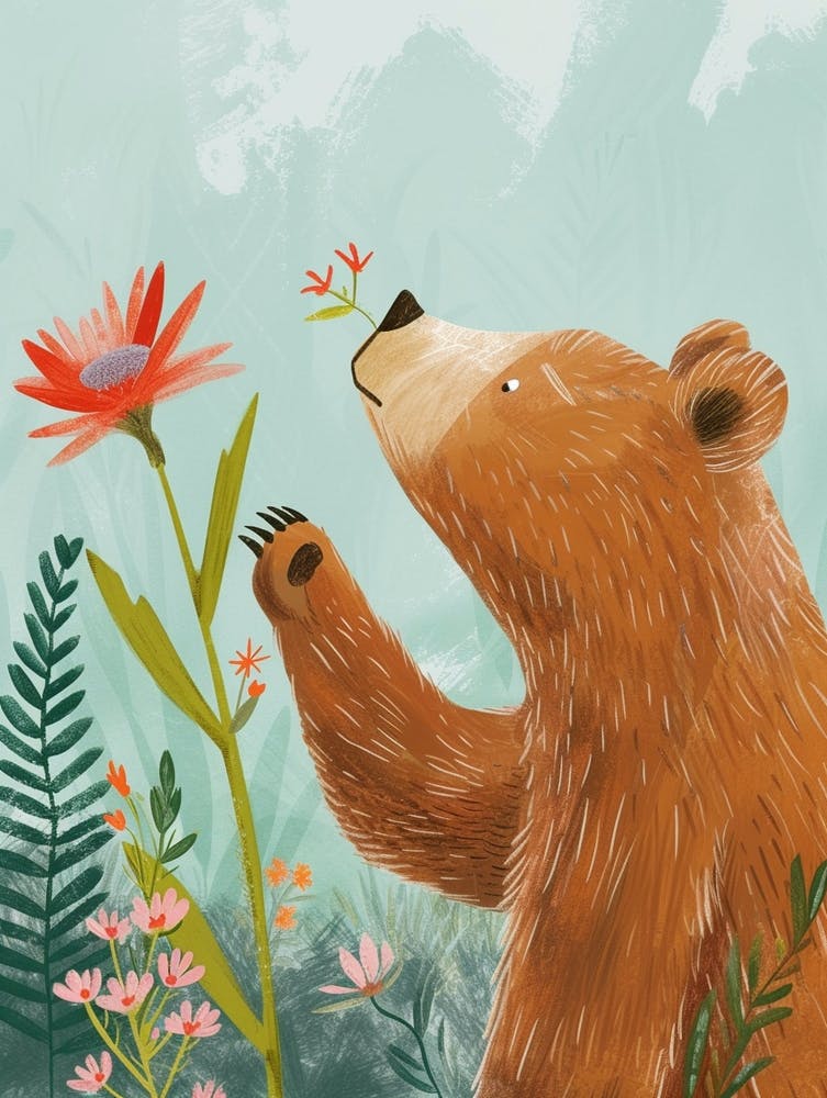 Brown Bear Sniffing A Flower Storybook Illustration 2