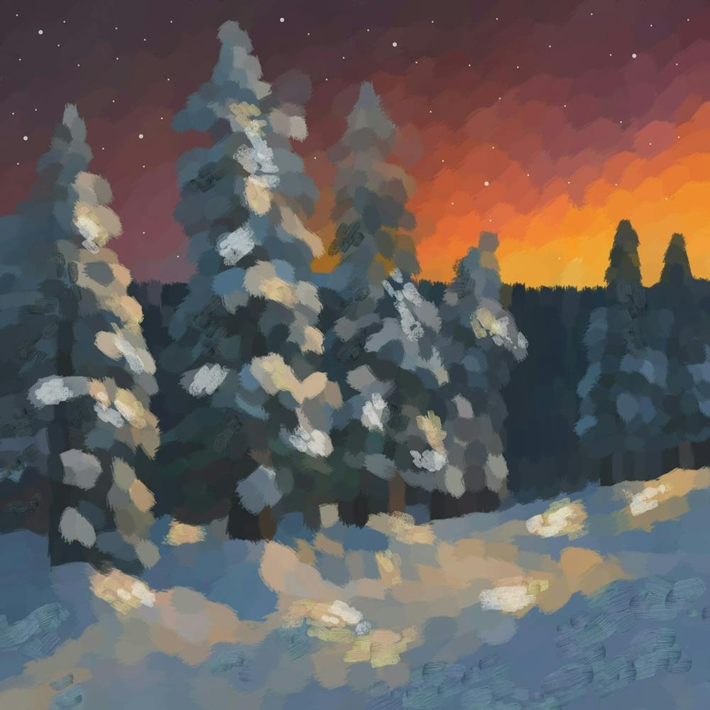 Winter forest and red sunset