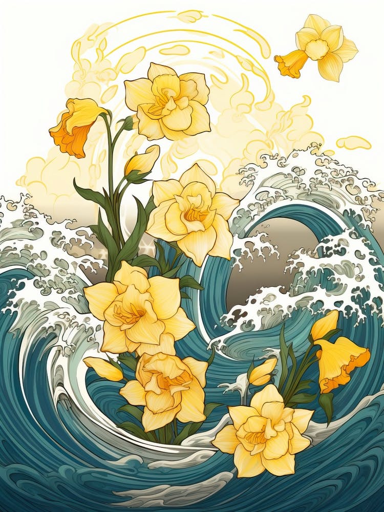 Great Wave With Daffodil Flower Drawing In The Style Of Ukiyo E 3