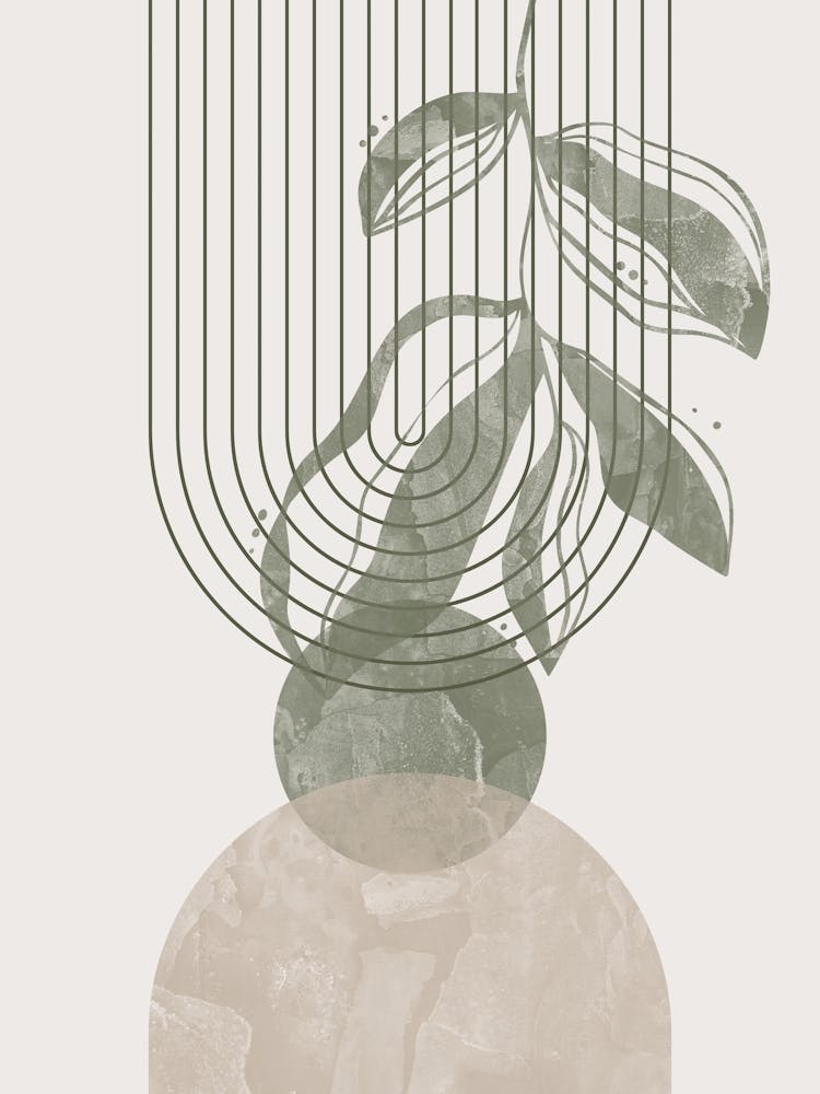 Boho Botanical Art, Sage Green and Beige Mid-Century Modern, Abstract Line 2