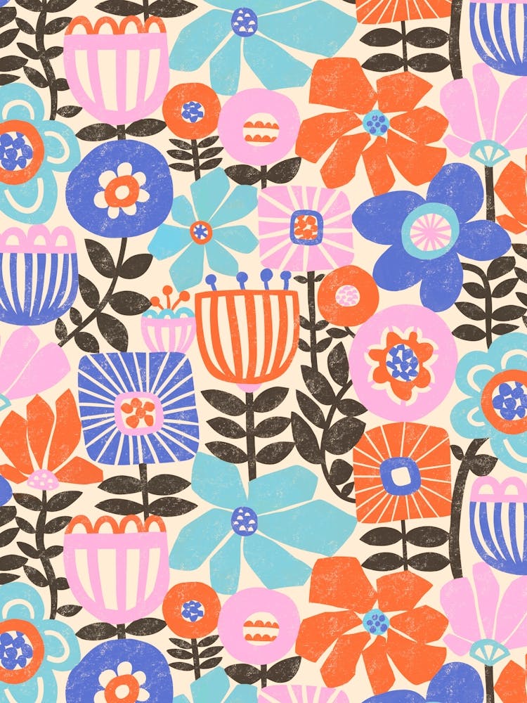 Textured Mod Art Florals Collage - Blue Pink Orange Black