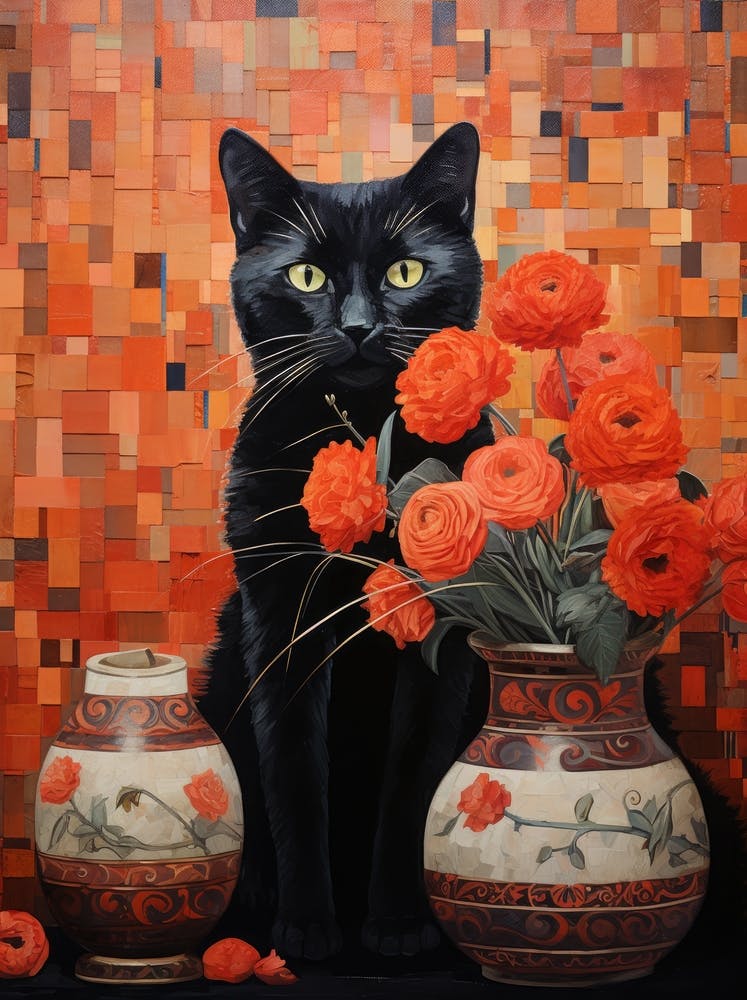 Black Cat With Orange Roses