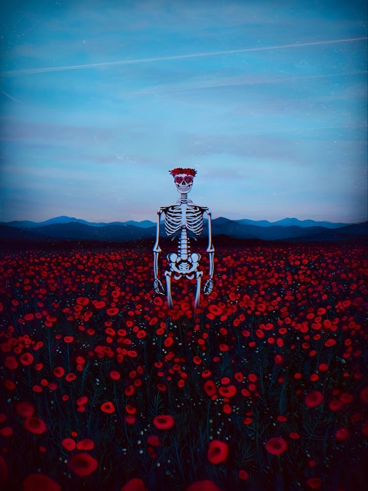 Skeleton In A Field Of Poppies