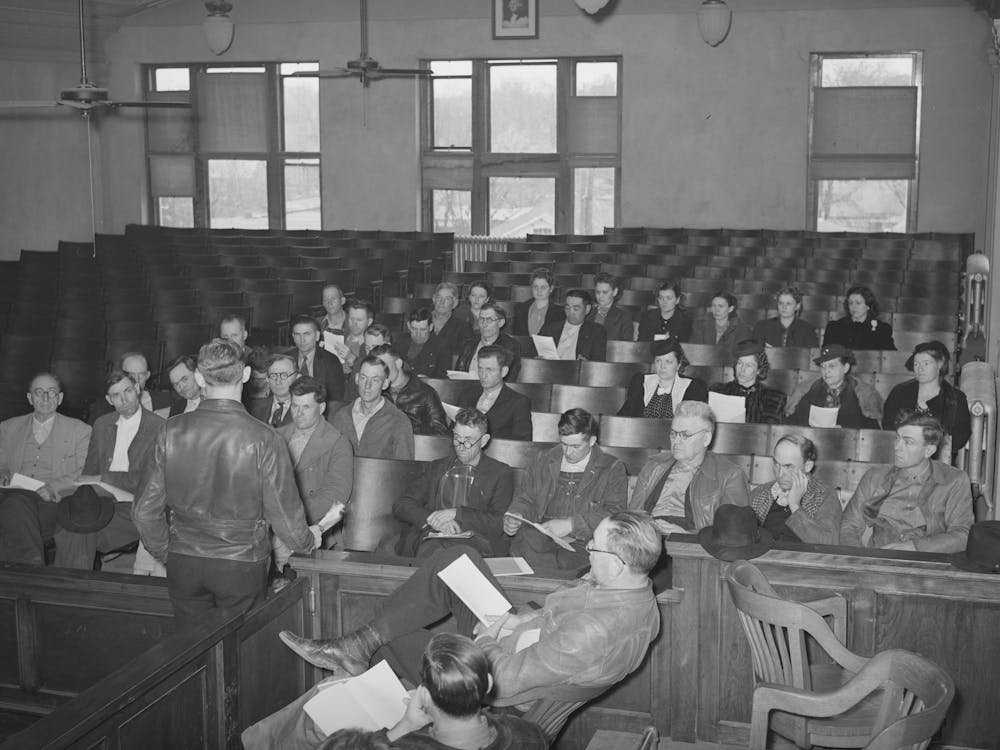 Gemeinschaftsführer bei einem Treffen zur Erklärung und Diskussion des AAA (Agricultural Adjustment Administration) Programms für