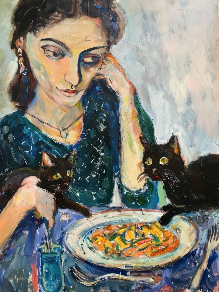 Porträt einer Frau mit Katzen beim Nudelessen 1