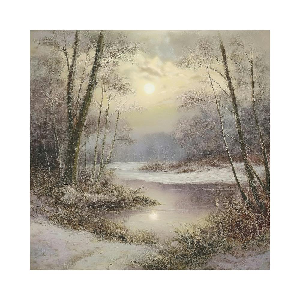 Ancient landscapes, old winter oil paintings and rocks around the lake bank. Snow is falling on the lake, old colors.1