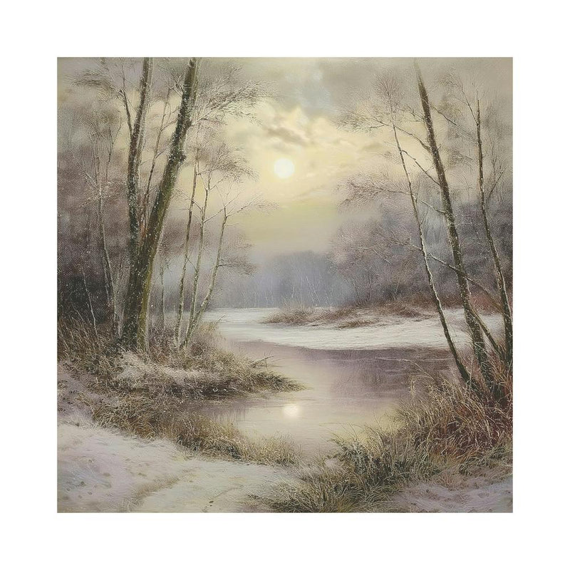 Ancient landscapes, old winter oil paintings and rocks around the lake bank. Snow is falling on the lake, old colors.1