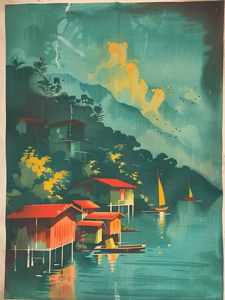 Japanese Coastline At Night Mid Century Modern