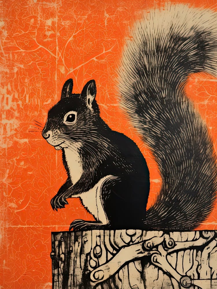 Squirrel, Woodblock Animal Drawing 2