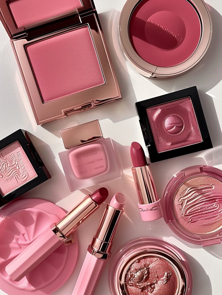 16k, Reality, The Most Eye Catching Elements In The Image Are The Various Makeup Products Displayed, Predominantly Featuring Shades Of Pink And Rose Tones