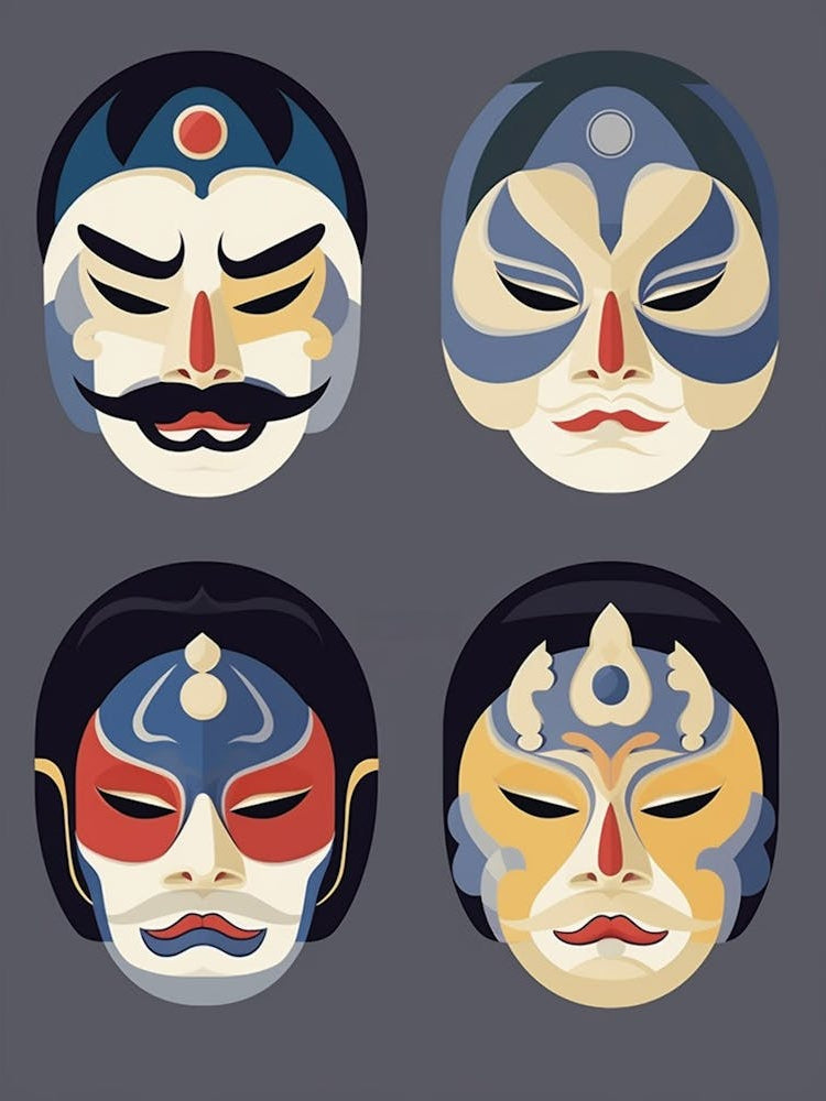 Noh Masks Japanese Style Illustration 1
