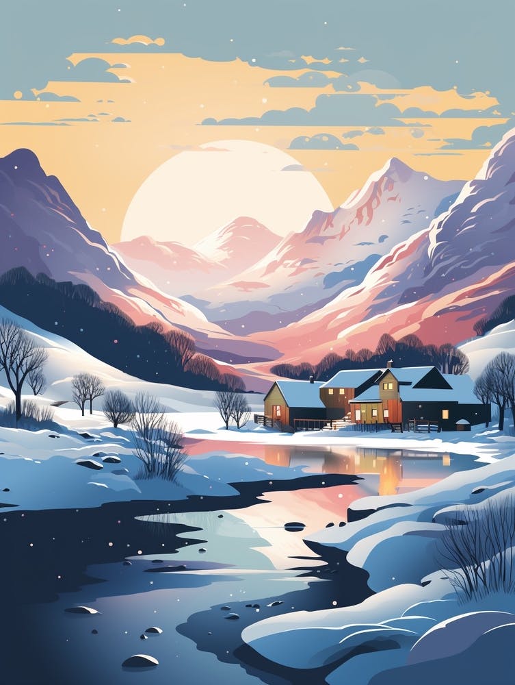 Winter Travel Night Illustration Snowdonia National Park 1