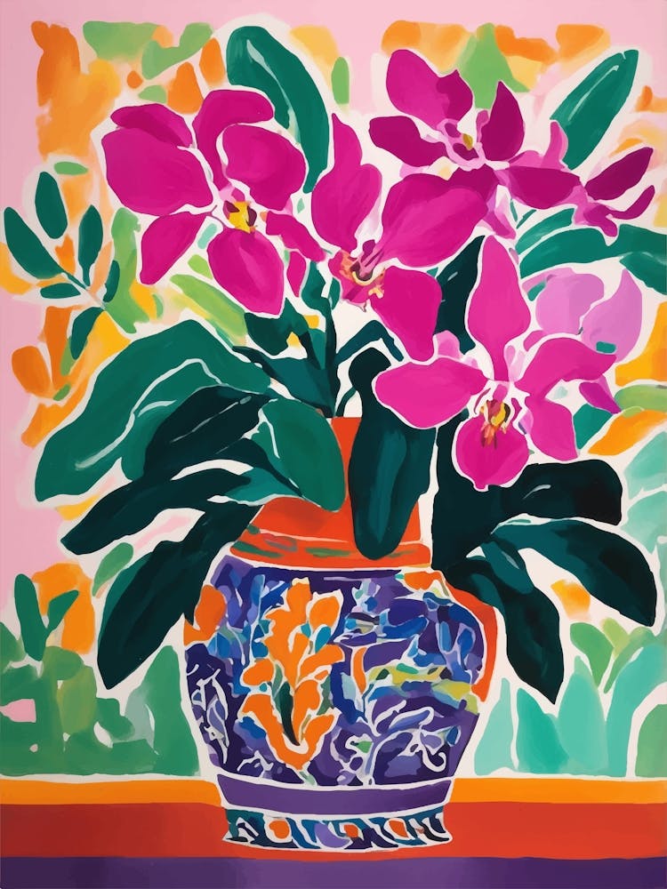Violet Orchids In A Vase Gouache painting