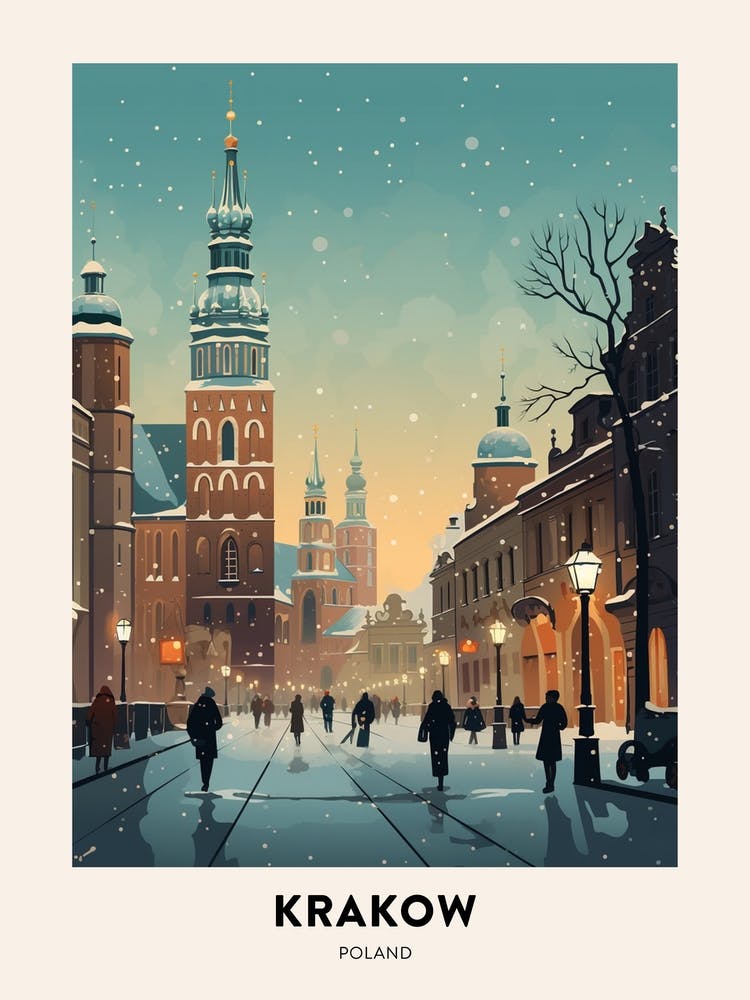 Winter Night  Travel Poster Krakow Poland 2
