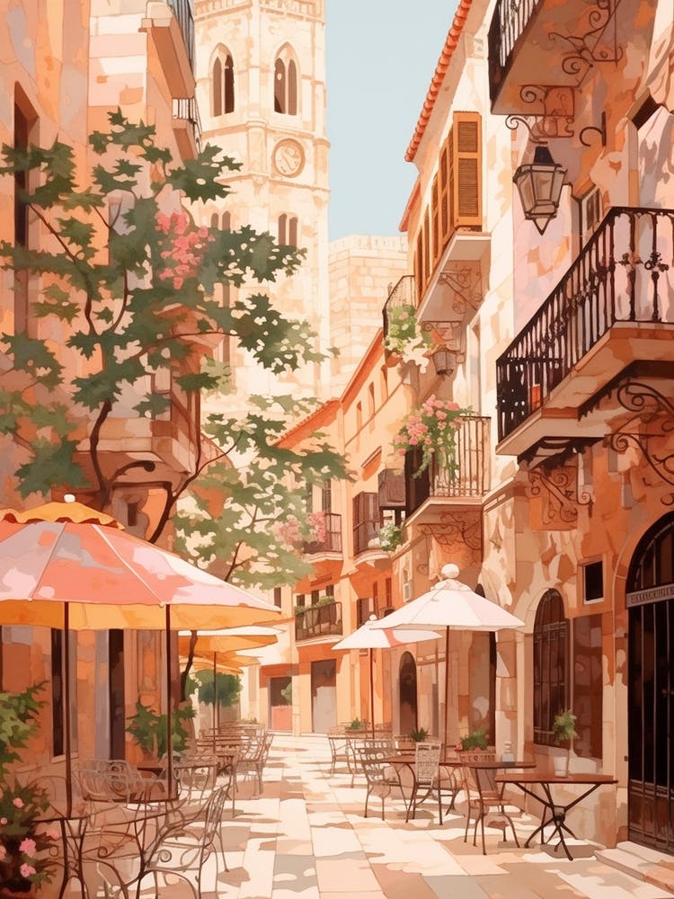 Palma De Mallorca Spain 1 Vintage Pink Travel Illustration
