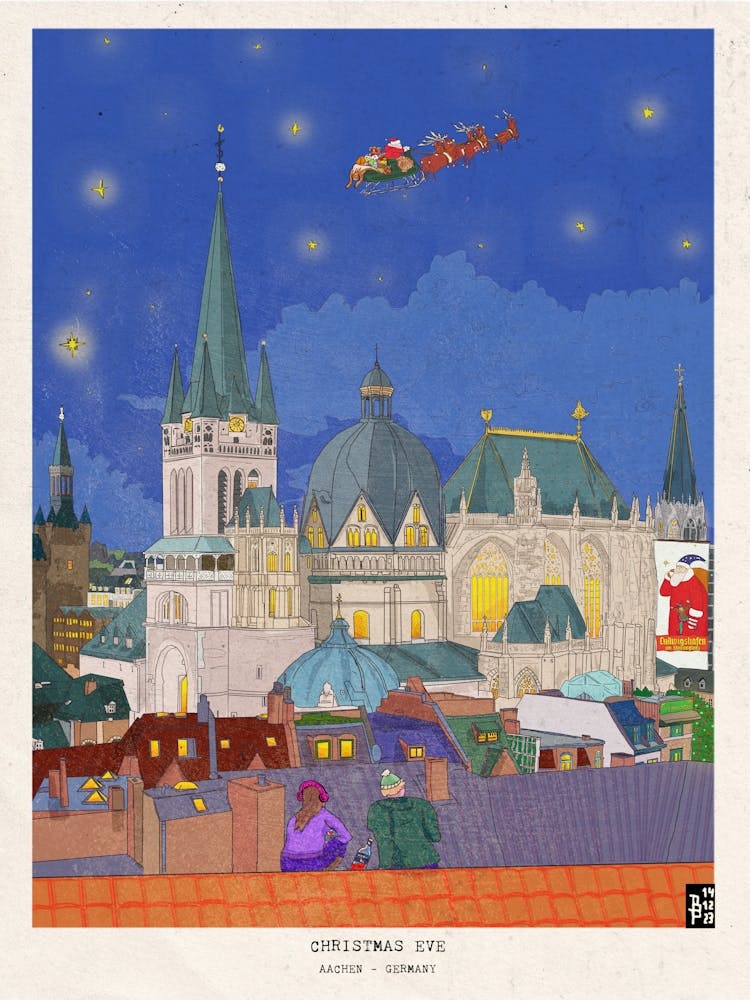 Aachen Germany Christmas Night Whimsical Detailed Illustration