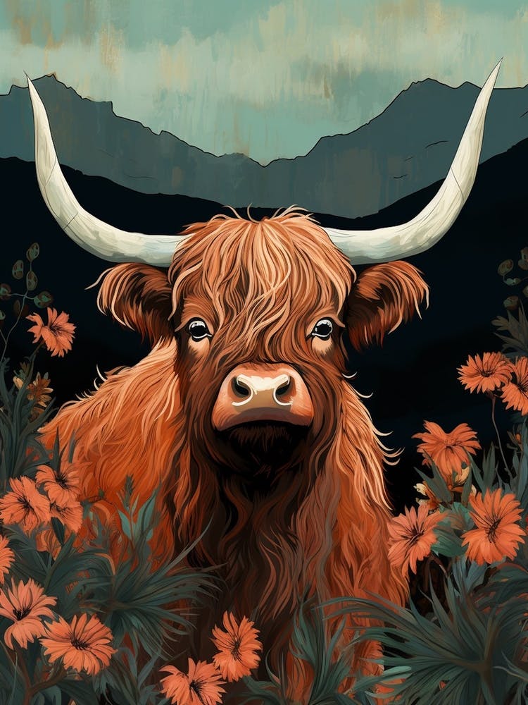 Floral Mountain Illustration Of Highland Cow