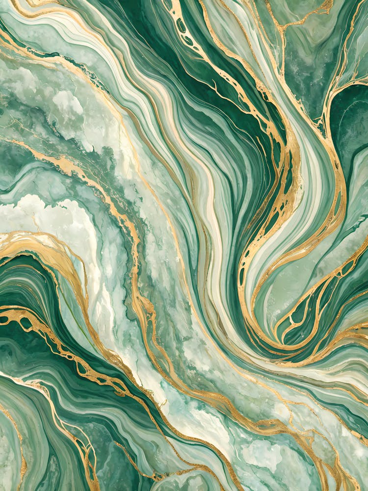 Oil Painting Style Emerald & Gold Marble Abstract Fluid