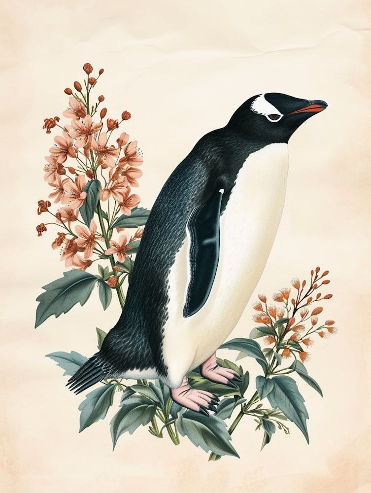 Adeliepinguin Livingston Island Botanisches Vintage-Gemälde 2