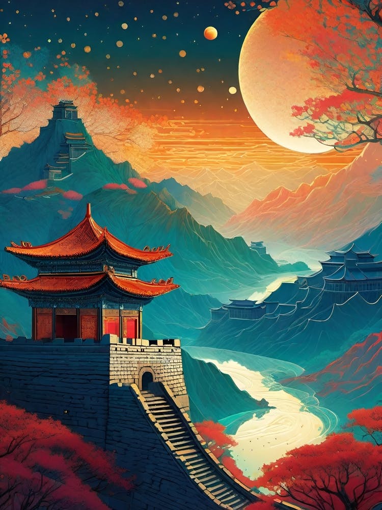 The Great Wall of China ~ Trippy Cityscape Iconic Wall Decor Visionary Psychedelic Fractals Fantasy Art Cool Full Moon Third Eye Space Sci-fi Awesome Futuristic Ancient Paintings For Your Home Gift For Him