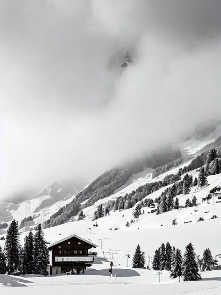 Saas Fee, Switzerland Black And White Skiing Poster