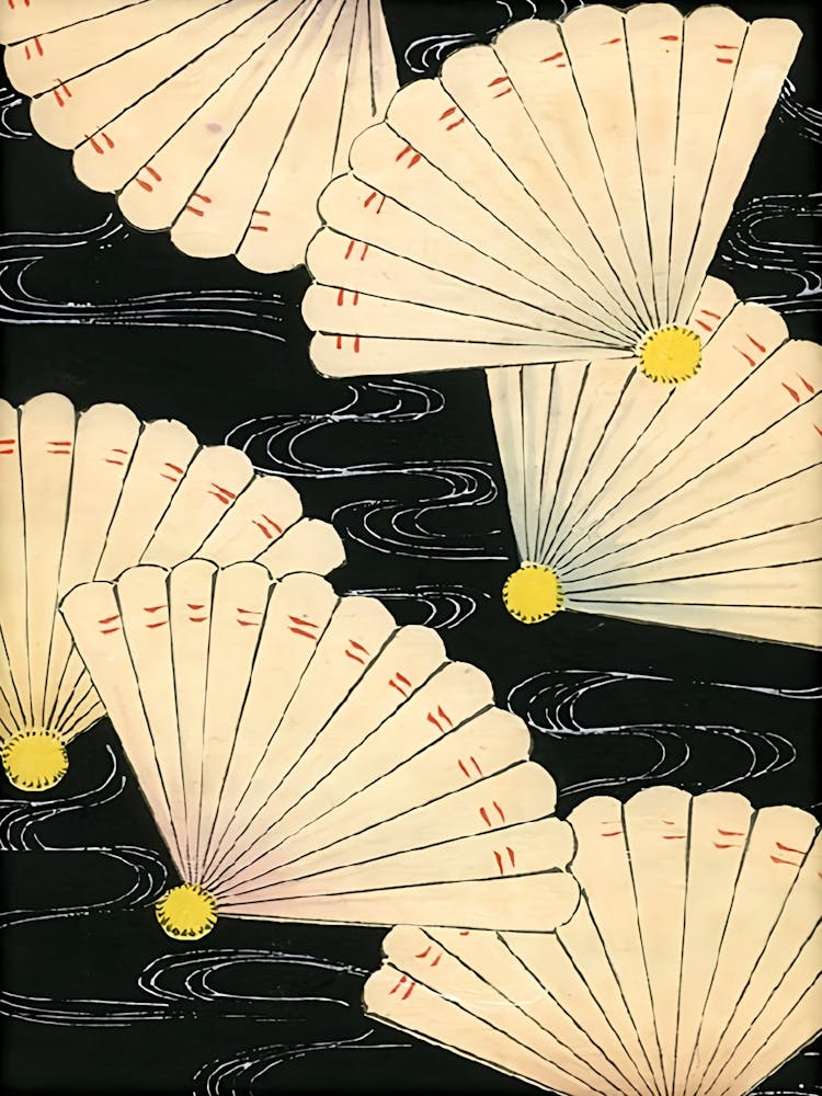 Weiße Fächer auf schwarzem Hintergrund Vintage Japanisches Poster, Art Déco, Vintage Druck, Farbenfrohe Wandkunst, Tier, Abstraktes Poster