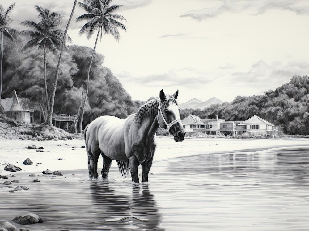 A Horse Oil Painting In Matira Beach, Bora Bora, Landscape 4