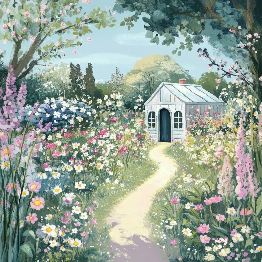 french garden scene with blooming flowers
