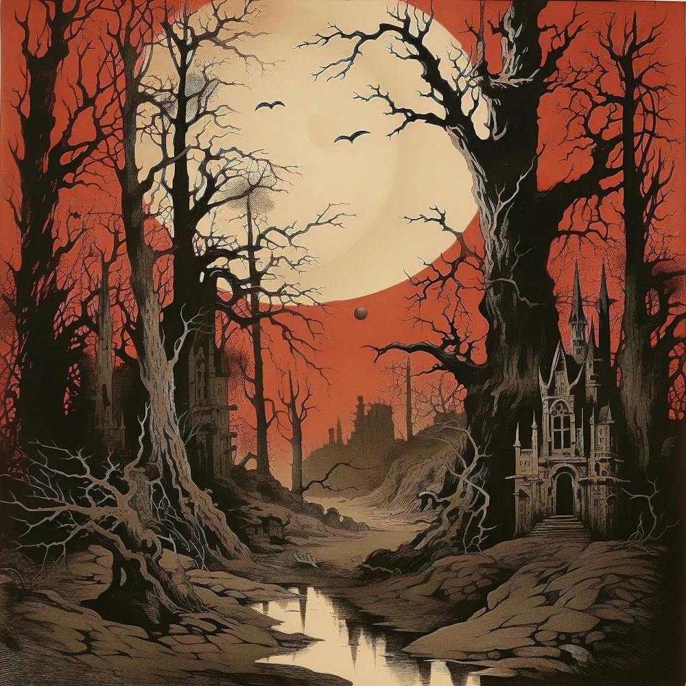 Comic Gothic Macabre Vampire Haunted Red Sky