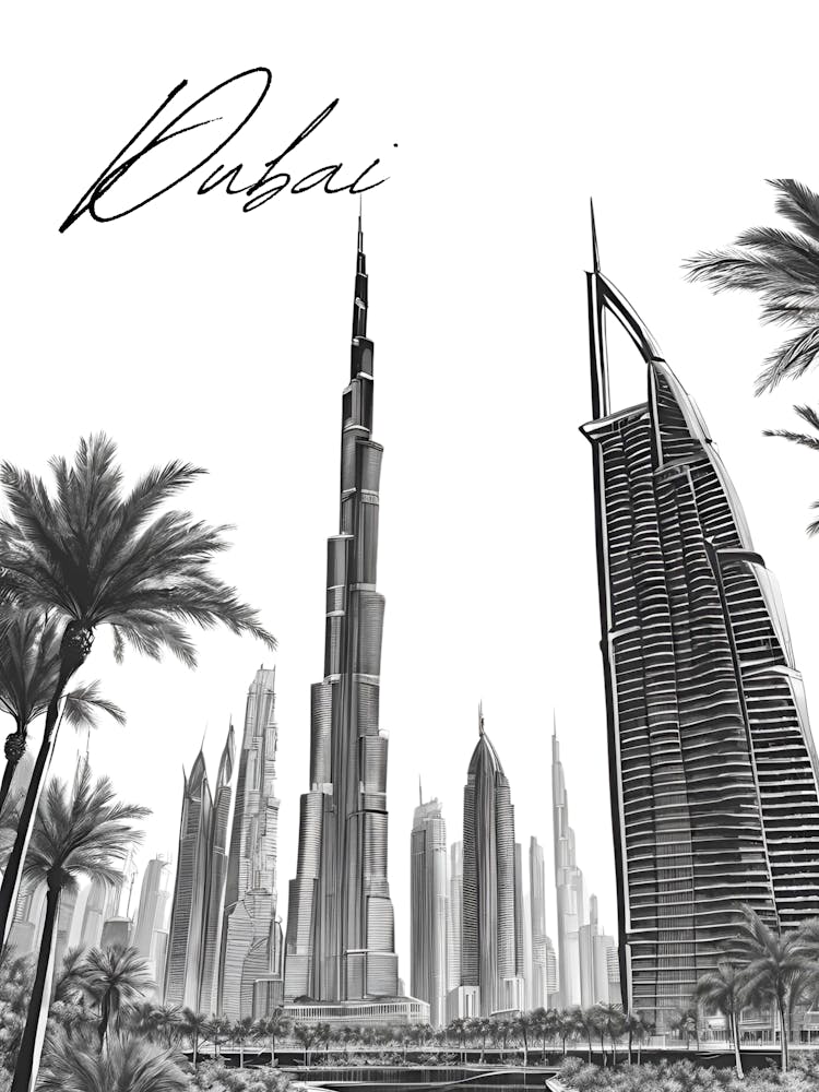 Dubai Skyline, Schwarz-Weiß-Stadt