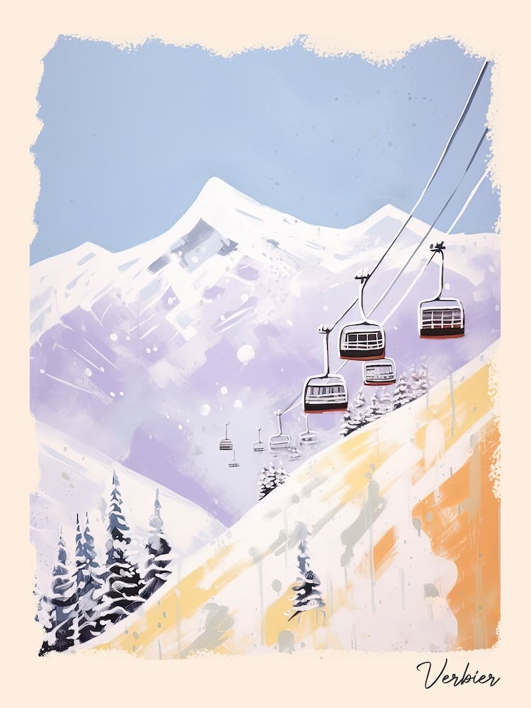 Poster Of Verbier   Switzerland, Ski Resort Pastel Colours Illustration 1