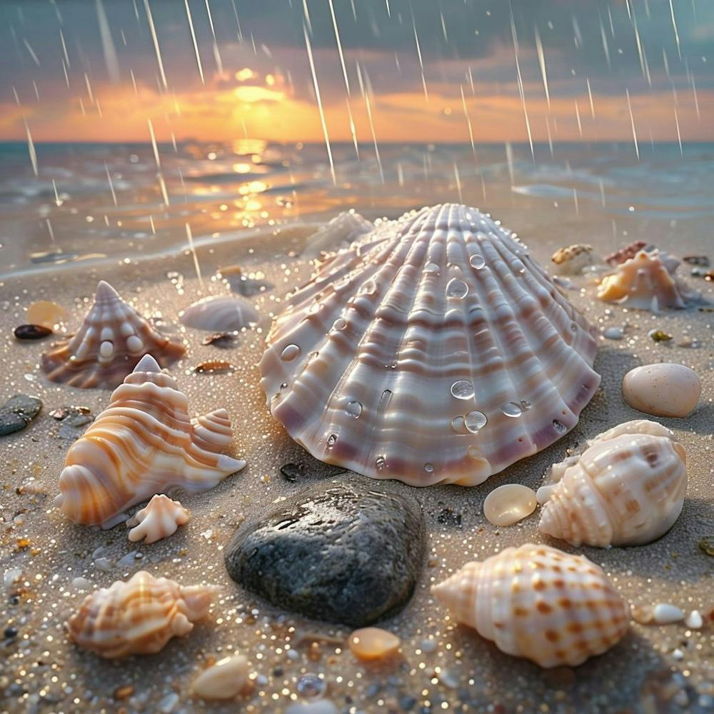 Seashells On Soft Sand Under Vibrant Sunset And Rain
