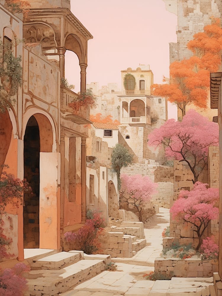 Crete Greece 3 Vintage Pink Travel Illustration