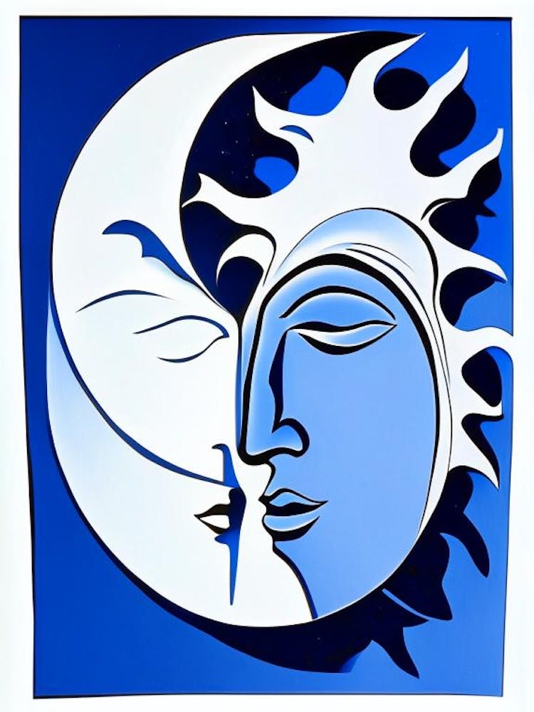 Sun And Moon Symbol Blue And White Line Drawing