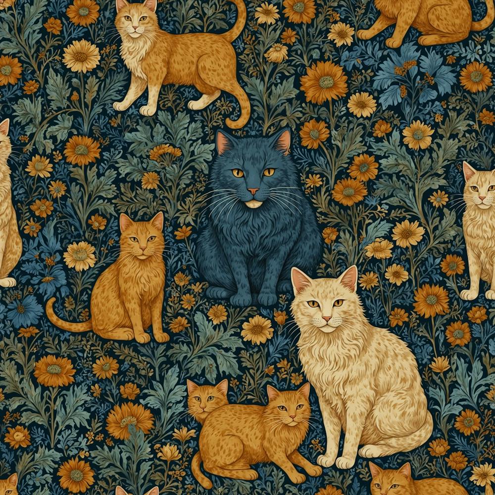 William Morris Inspired Classic Cats Blue And Gold Art