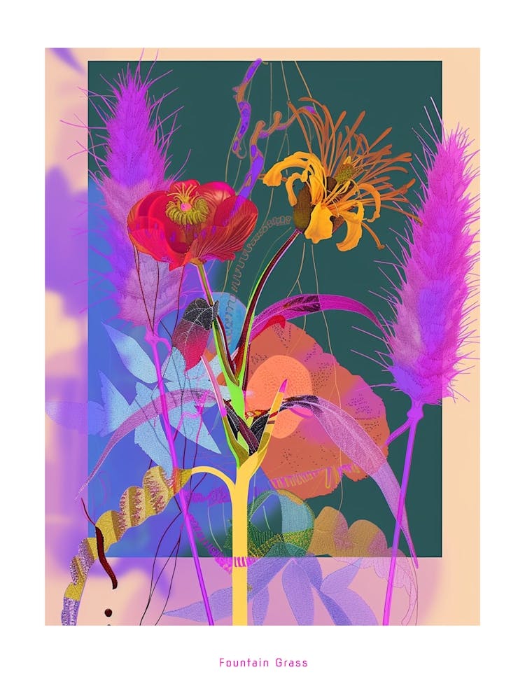 Fountain Grass 1 Neon Flower Collage Poster