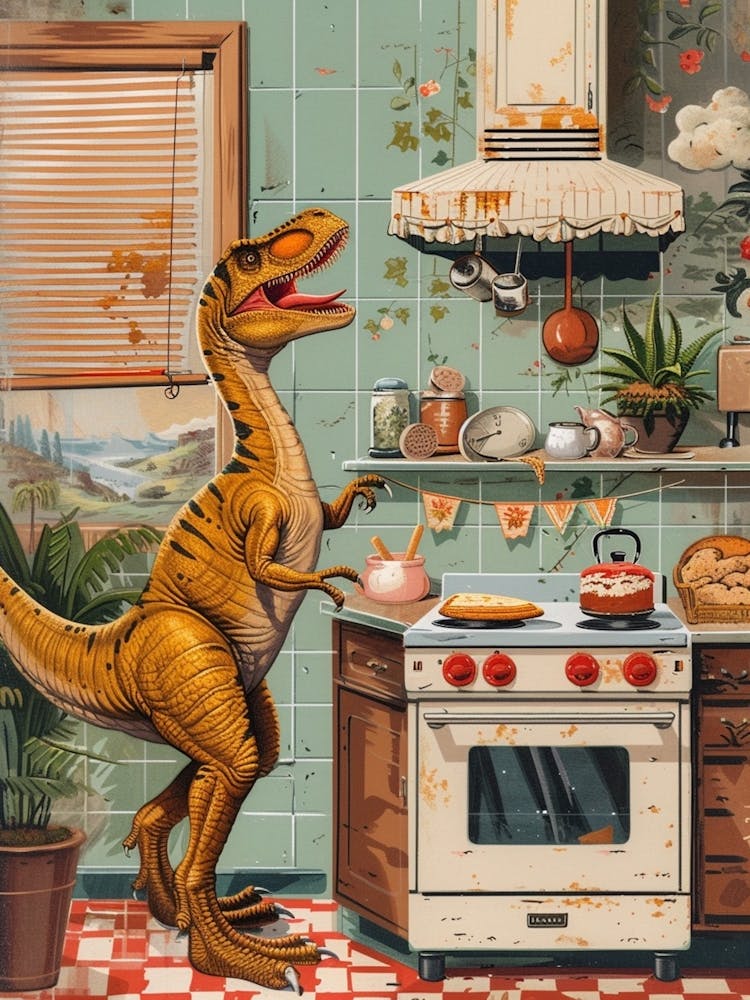 Dinosaur Baking In The Kitchen Retro Abstract Collage 1
