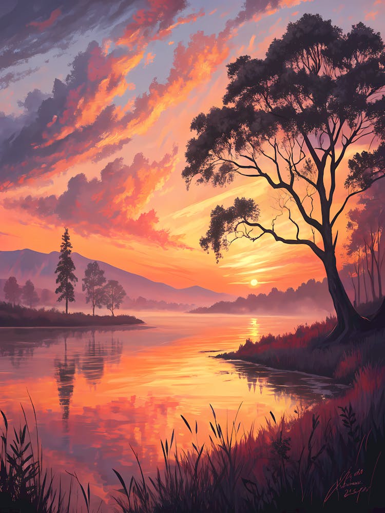 A Sunset Gradient Reflected on Water Oil Painting Style