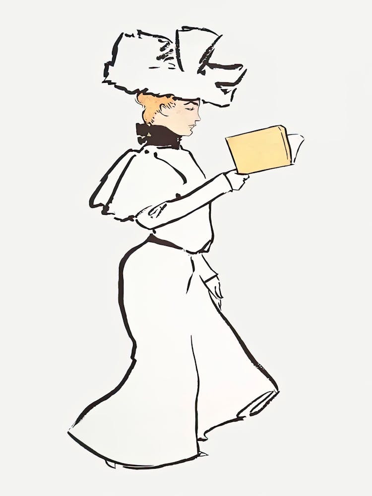 Femme En Robe Vintage Lisant Un Livre, Edward Penfield