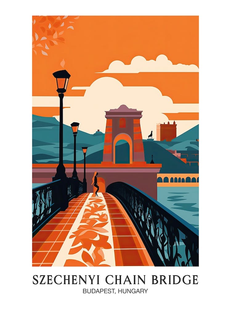 Szechenyi Chain Bridge, Budapest, Hungary, Colourful Travel Poster