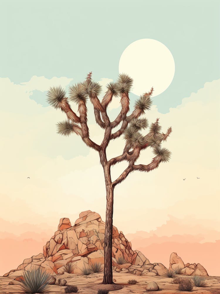 Minimalist Joshua Tree At Dusk Line Art Watercolor 2