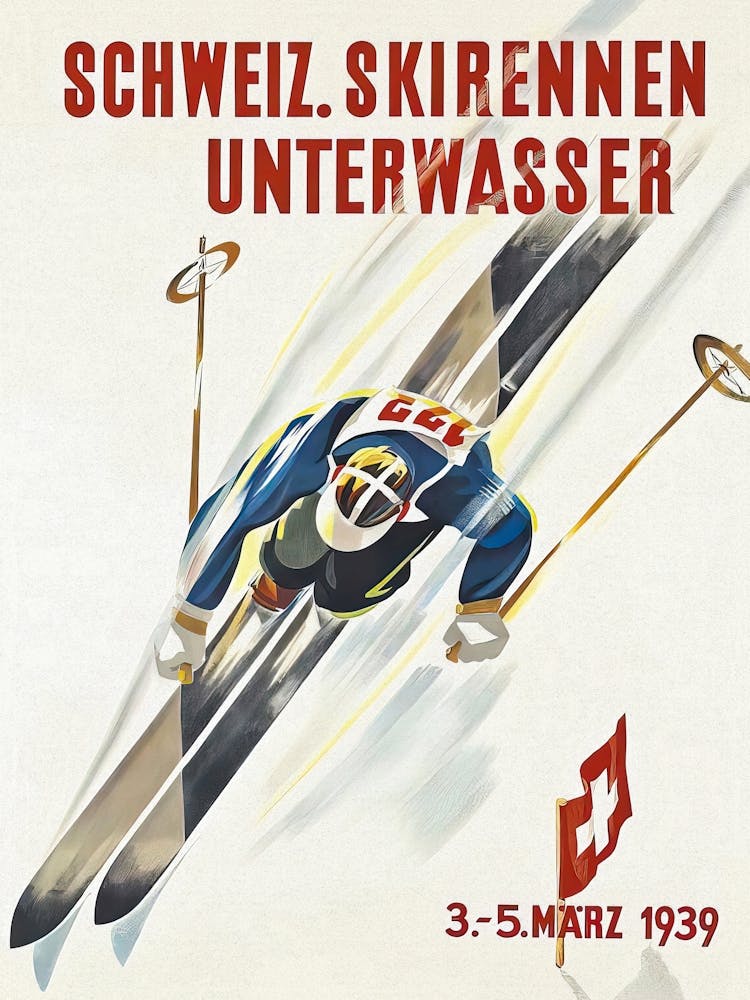 Downhill Skier Switzerland Vintage Ski Poster
