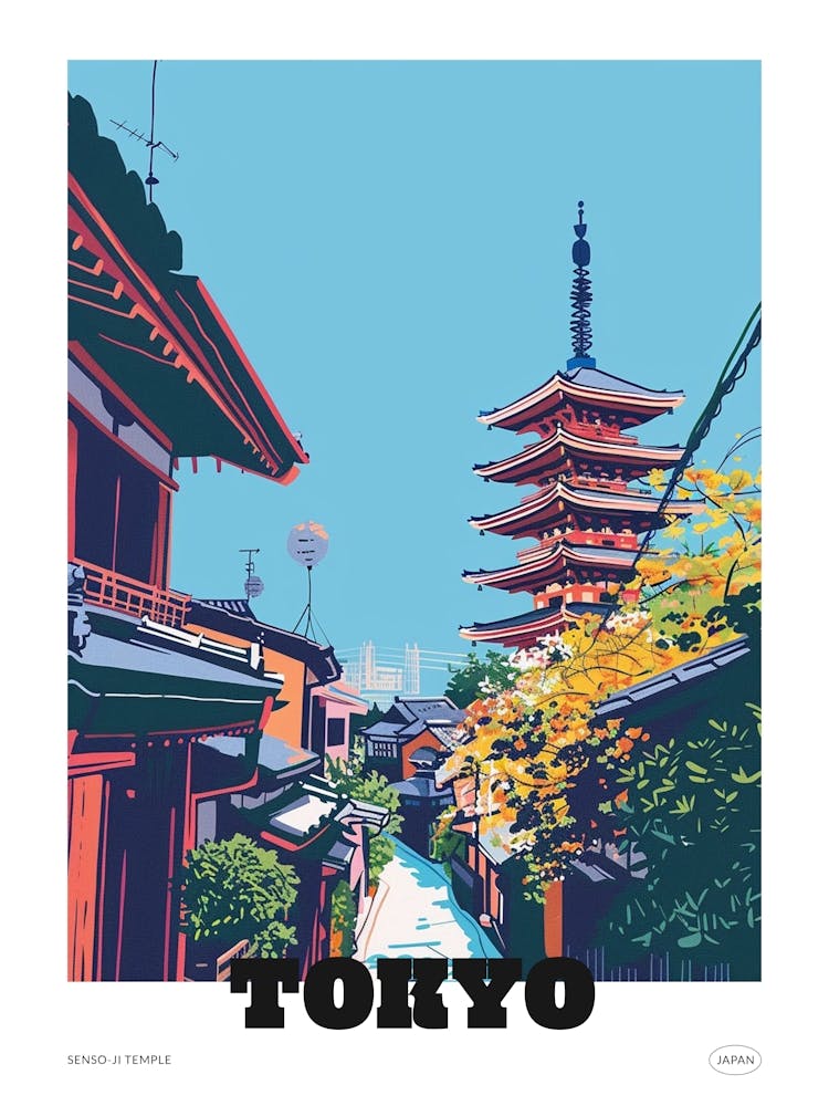 Senso Ji Tempel Tokio 4 Farbenfrohes Illustrationsposter